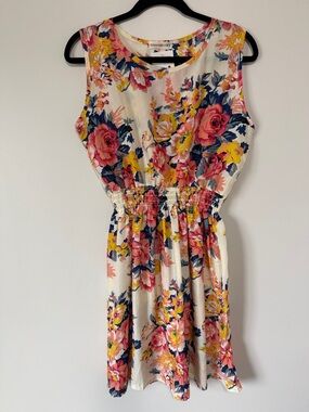 NEW - Floral Sleeveless Elastic Waist Dress - Pink, Yellow & Navy